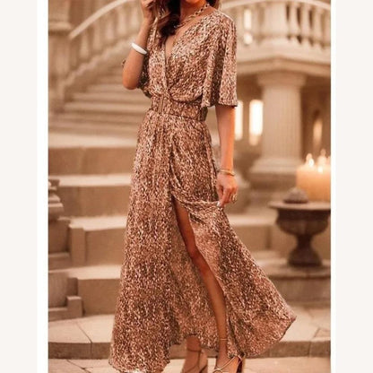 Elegant Long Women's Dress with V-Neck Floral Print – Long Summer Evening Dress for All Occasions