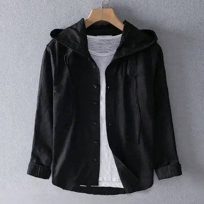 Casual Hoodie Cardigan in Cotton and Hemp for Men – Spring Summer, Solid Color