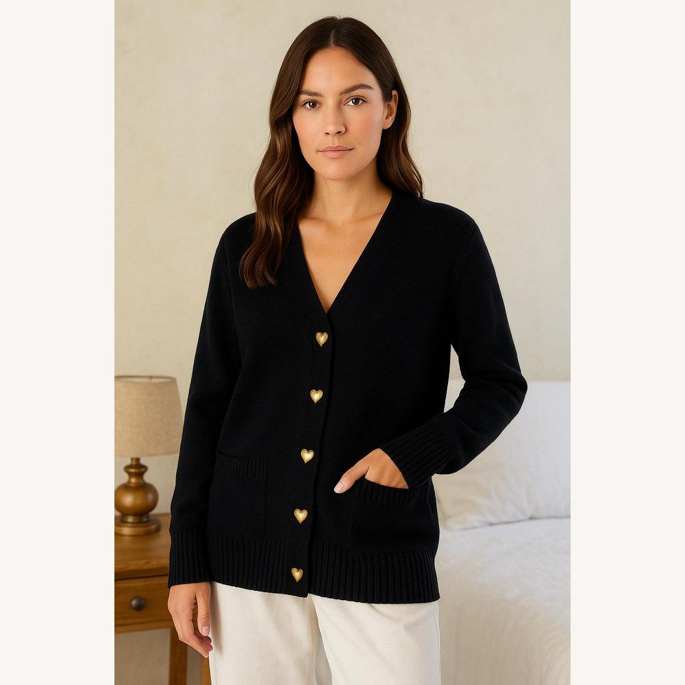 Women's Soft Knit V-Neck Cardigan with Heart Buttons – Elegance and Comfort, Long Sleeves, Loose Fit