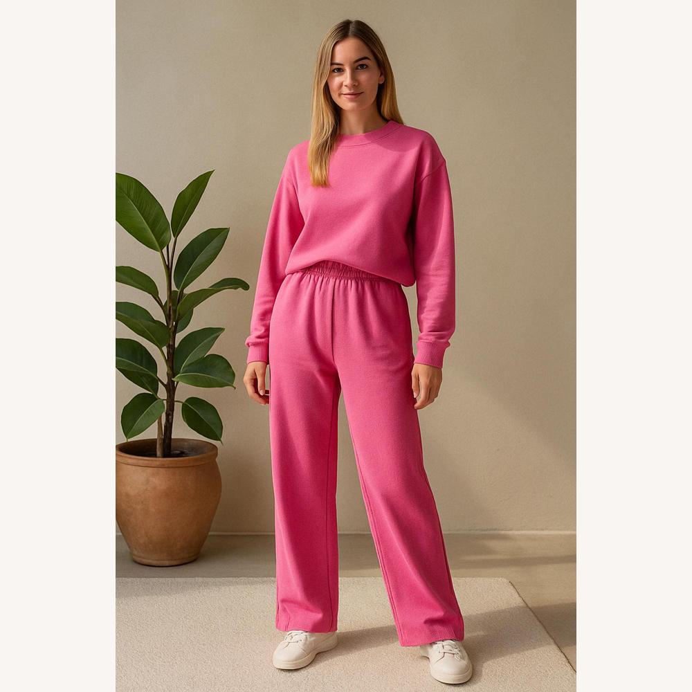 Ensemble Deux Pièces Décontracté en Coton – Sweat Court à Manches Longues et Pantalon Large Oversize, Rose et Vert