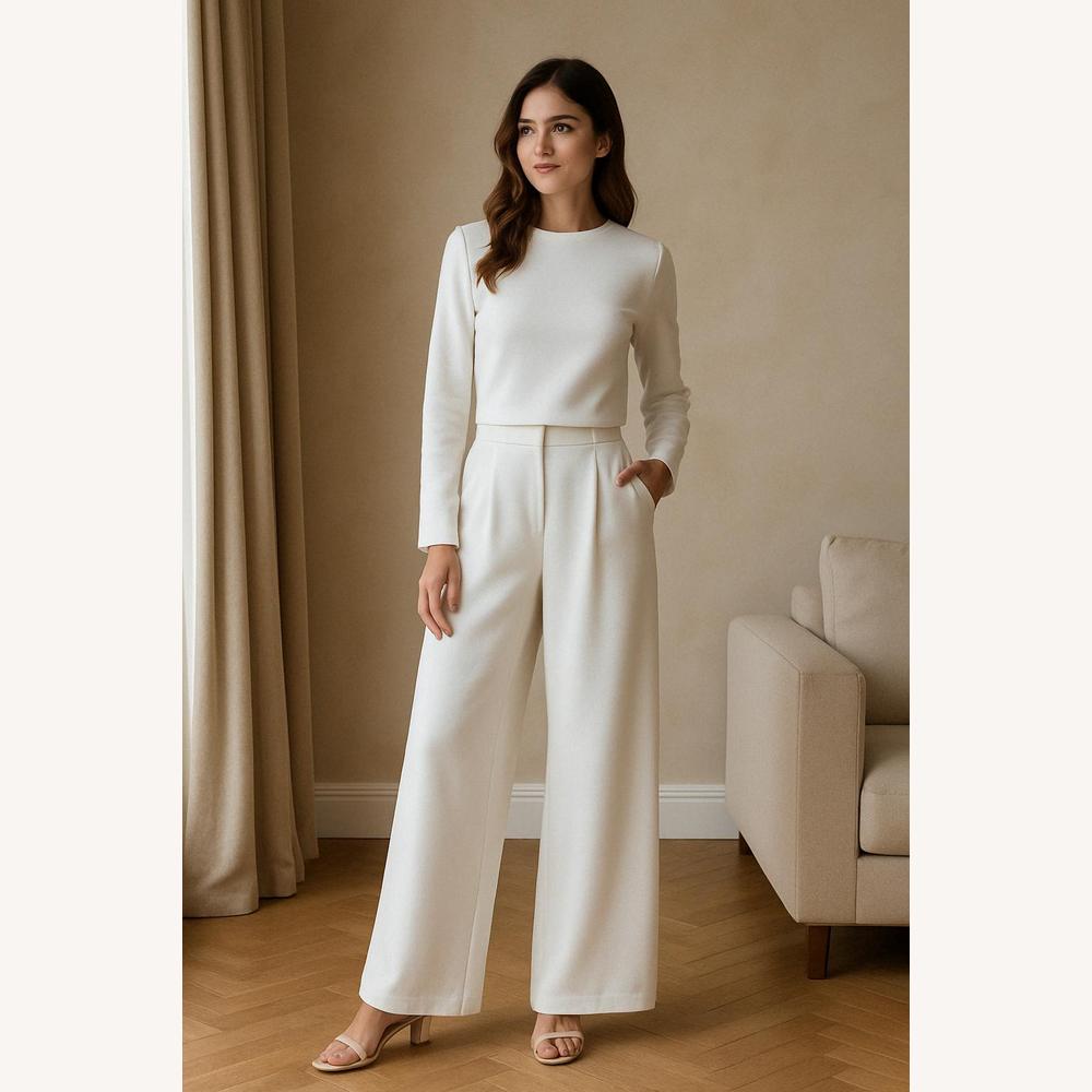 Ensemble Tailleur Femme Chic à Jambes Larges – Haut Court et Pantalon Taille Haute en Polyester