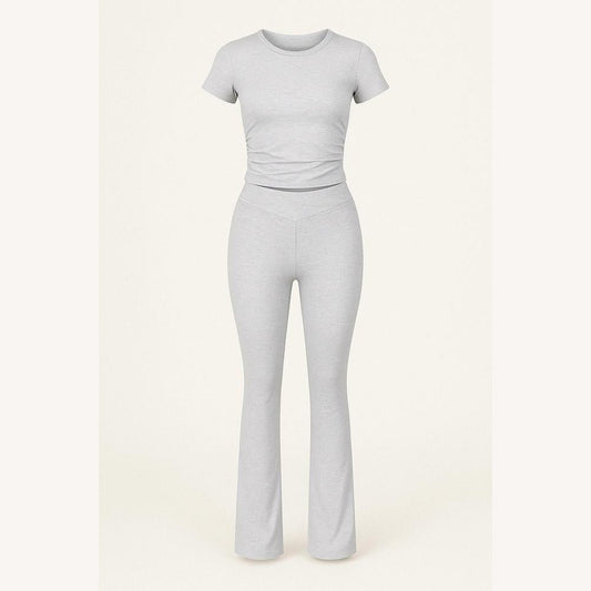 Women's Fitted Lounge Set – Short Sleeve Top and High Waist Flared Pants in Stretchy, Comfortable, and Trendy Fabric
