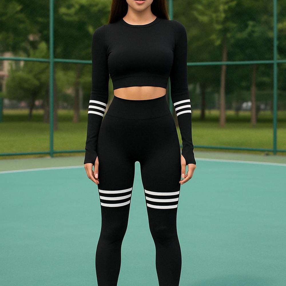 Ensemble de Sport Femme 3 Pièces Taille Haute en Polyester et Spandex – Legging et Crop Top à Manches Longues
