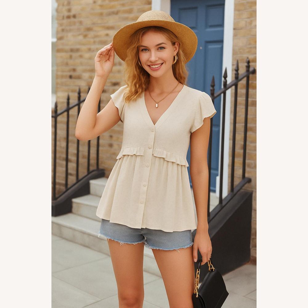 Blouse Femme Péplum Légère à Volants et Boutons – Vert Pâle, Encolure V, Manches Volantées, Parfaite pour l'Été