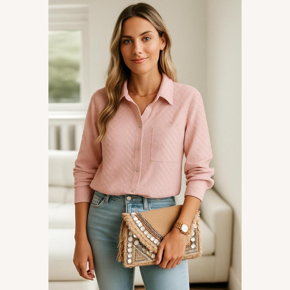 Chemise Femme Texturée Rose Doux à Boutons – Chemisier Femme Chic Ample et Léger pour Élégance Décontractée
