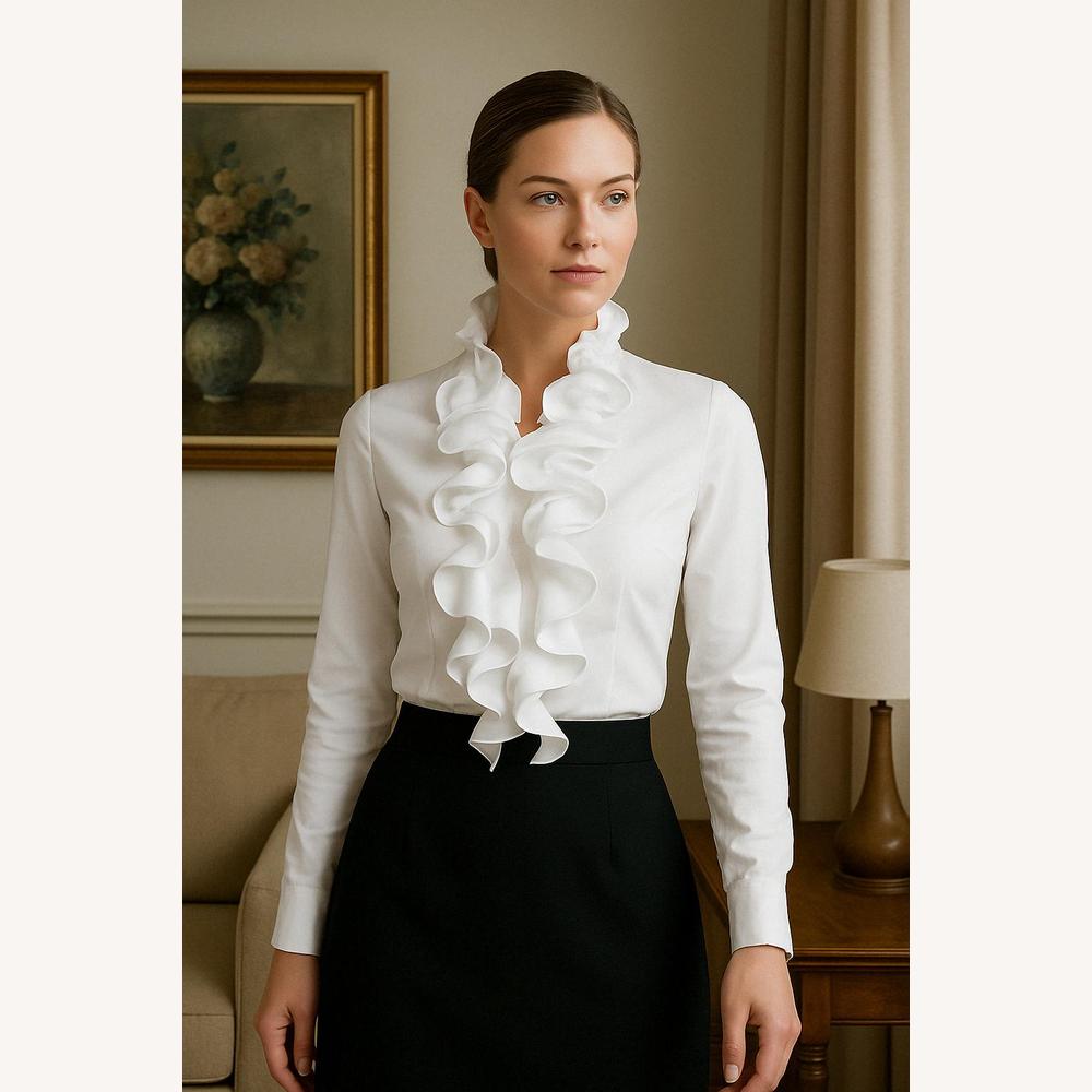 Blouse à Volants Élégante Femme en Polyester, Manches Longues – Chic et Sophistiquée, Idéale pour Bureau et Soirée