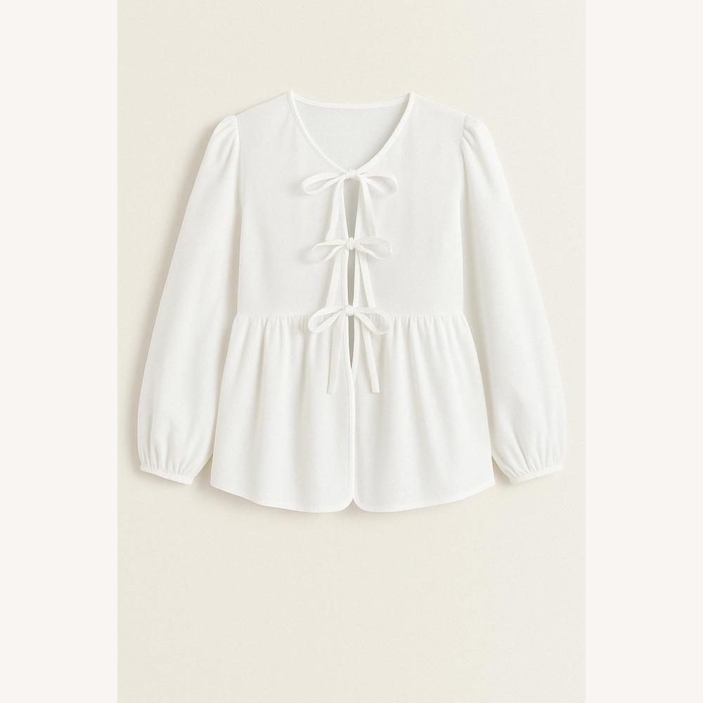 Blouse à Nœuds Féminine en Coton Léger avec Manches Bouffantes – Élégante Col V et Coupe Ample