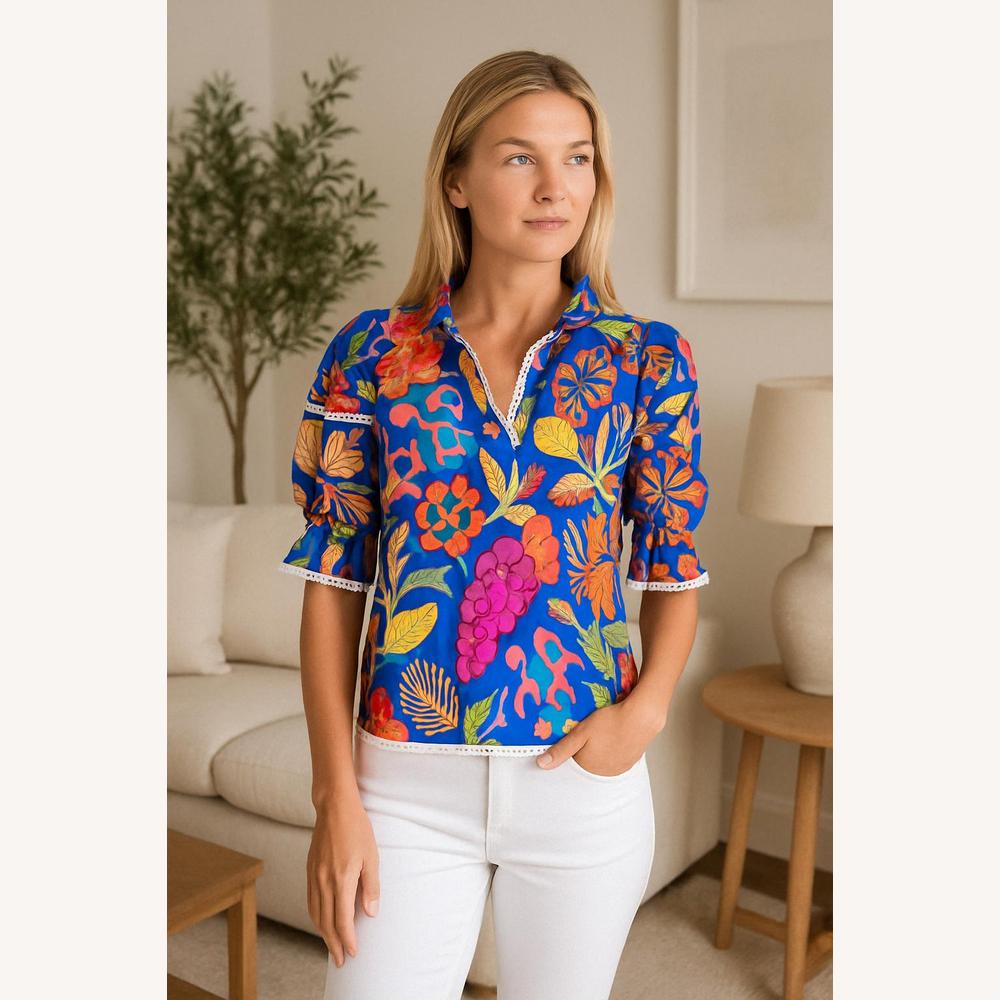 Blouse Femme Florale à Manches Bouffantes en Coton – Haut Coloré et Tendance pour le Printemps