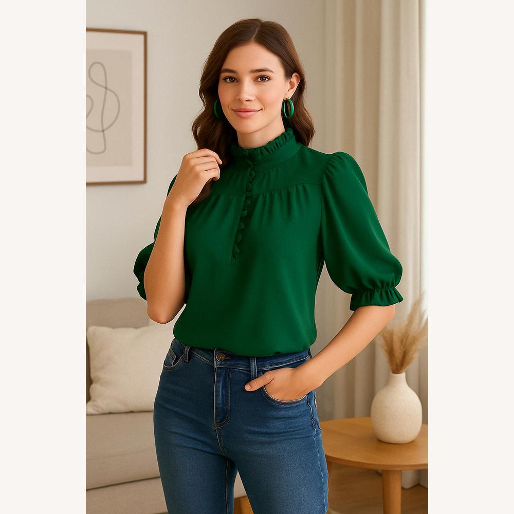 Blouse Femme Élégante à Volants Vert Foncé, Manches Bouffantes, Col Montant, Coupe Ajustée
