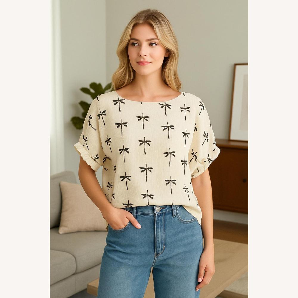 Blouse Femme Beige Texturée avec Nœuds Noirs – Haut Légère en Coton, Manches Élastiquées, Style Décontracté