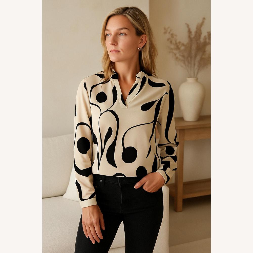 Blouse Femme Élégante à Imprimé Abstrait - Manches Longues, Col Fendu, Tissu Léger et Doux