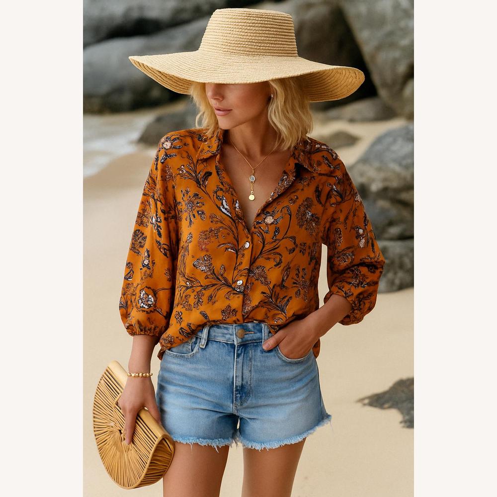 Women's Bohemian Printed Lightweight Blouse with Voluminous Sleeves – Comfortable Summer Tunic