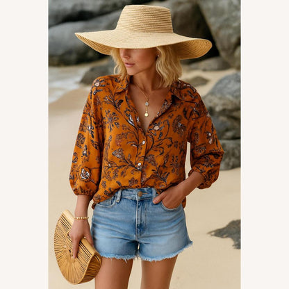 Women's Bohemian Printed Lightweight Blouse with Voluminous Sleeves – Comfortable Summer Tunic