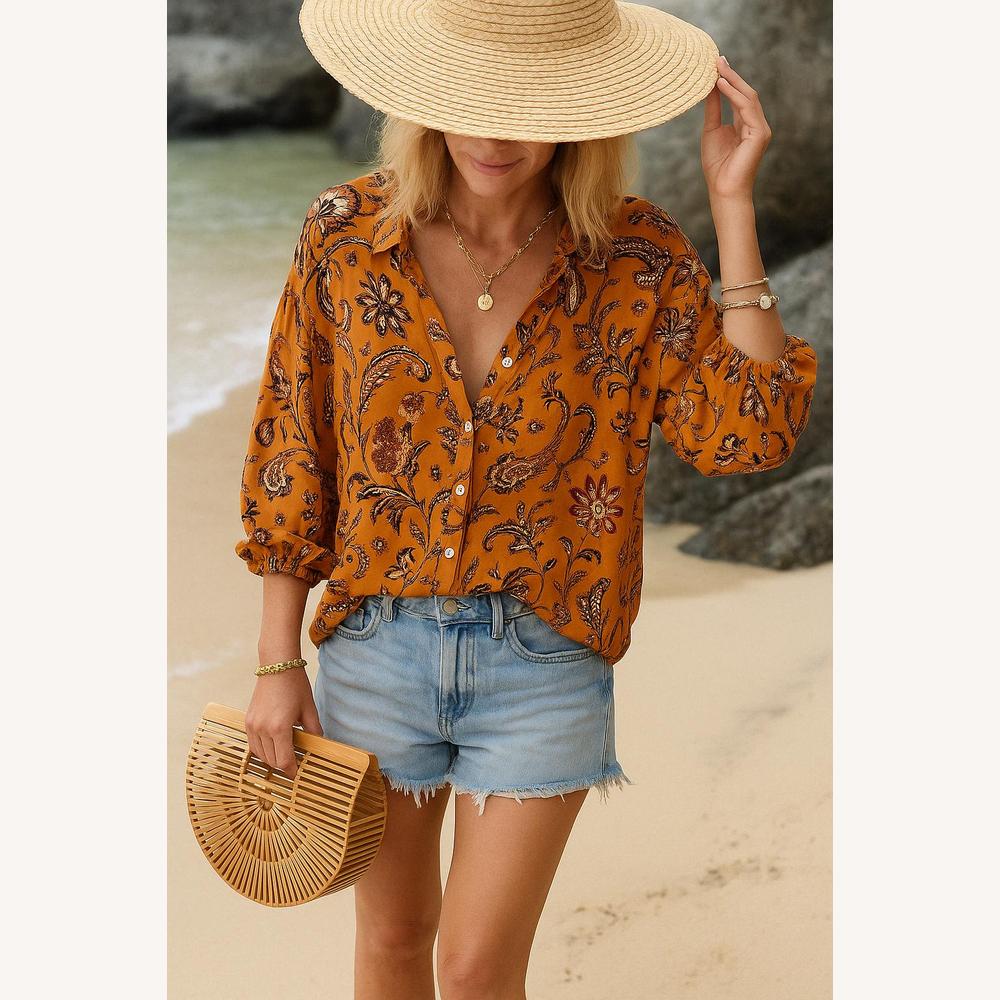 Blouse Femme Bohème Imprimée Légère avec Manches Volumineuses – Tunique Estivale Confortable