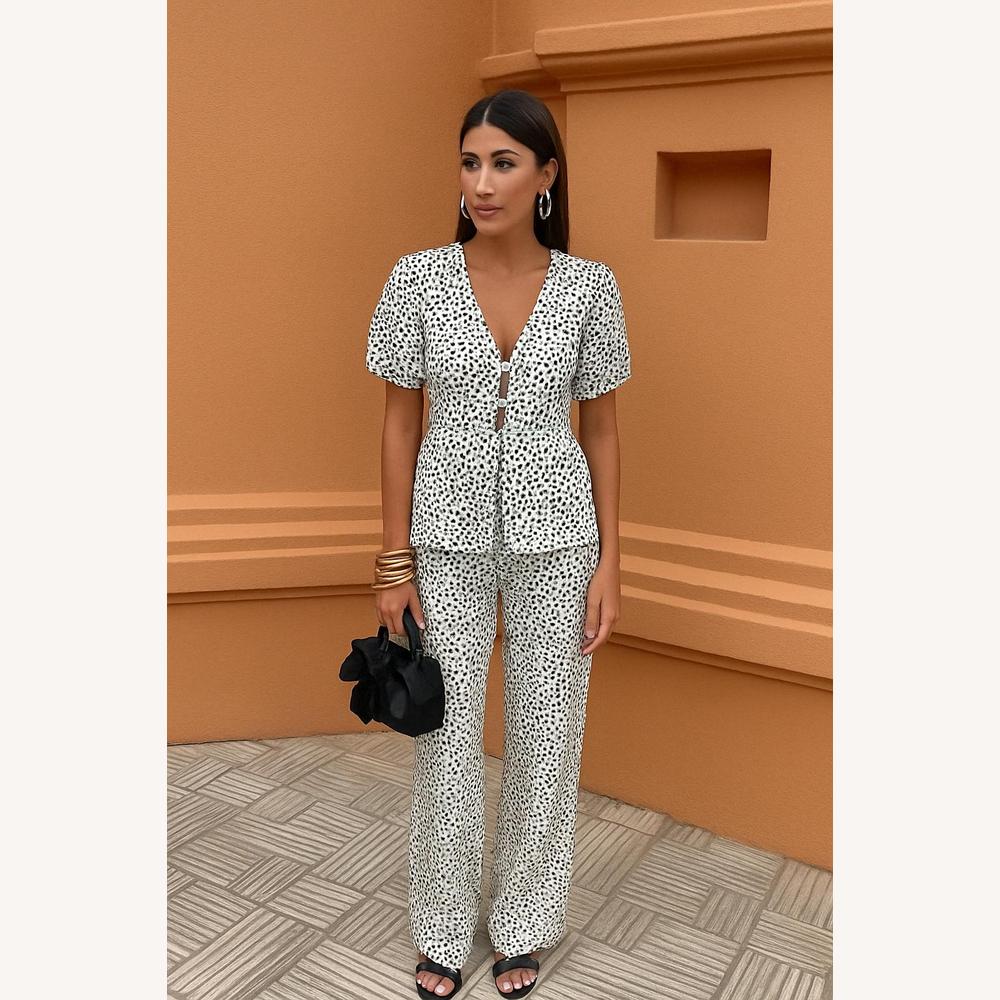 Ensemble Tailleur Femme Imprimé Floral – Haut à Nouer et Pantalon Droit à Taille Élastique