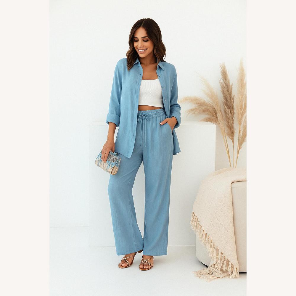 Ensemble Tailleur Femme en Lin – Chemise Fluide et Pantalon Large Taille Haute, Style Décontracté et Chic