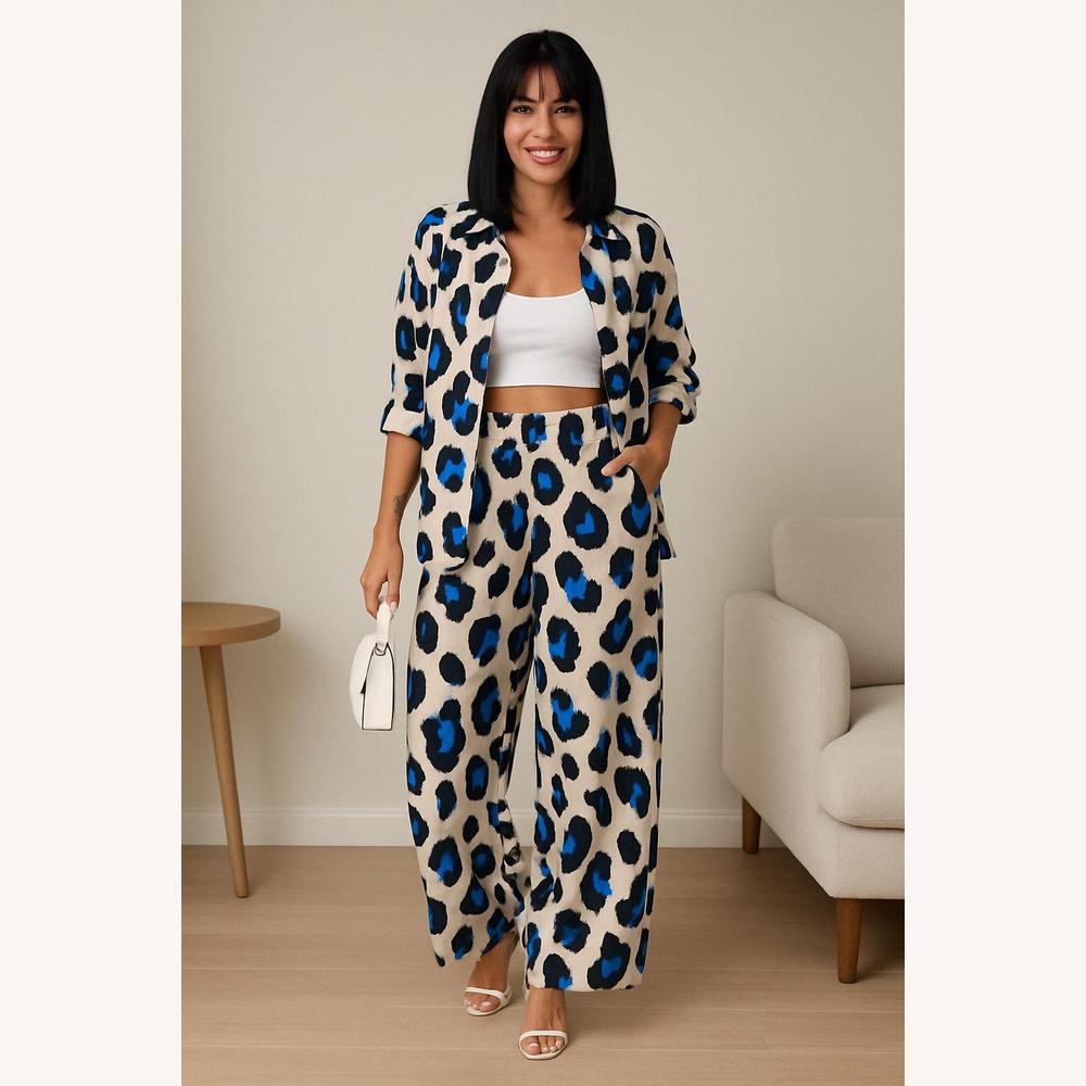 Ensemble Tailleur Femme Imprimé Léopard Bleu – Chemise Ample et Pantalon Large Confortable