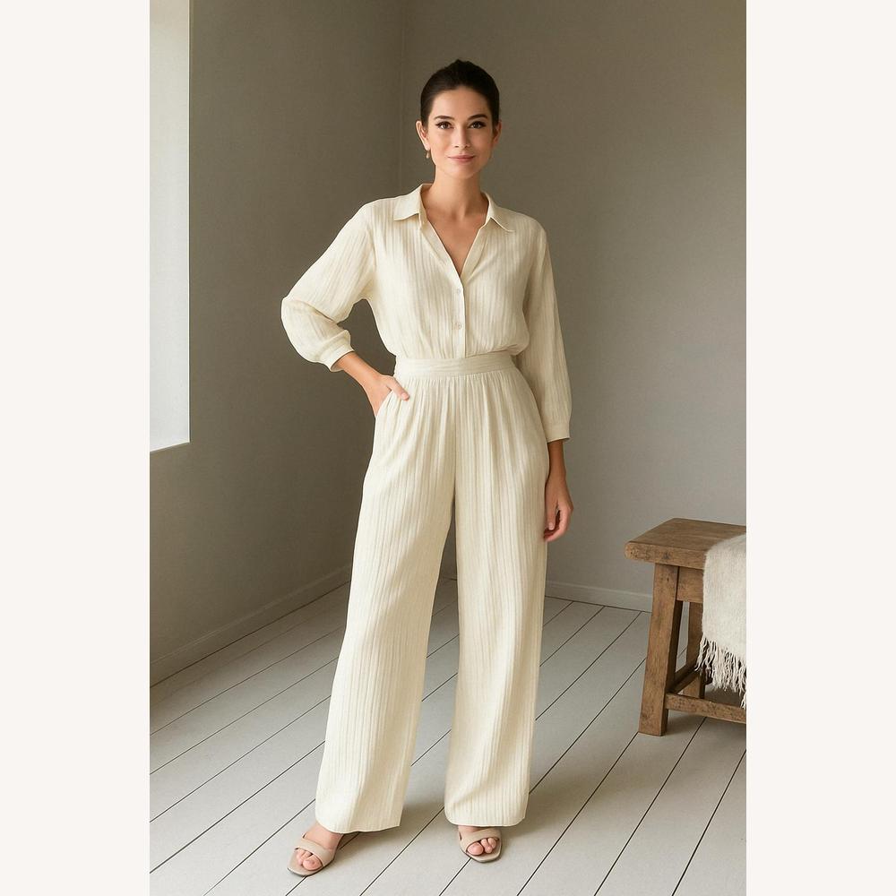Ensemble Tailleur Femme Chic avec Blouse Légère et Pantalon Taille Haute – Élégant et Confortable