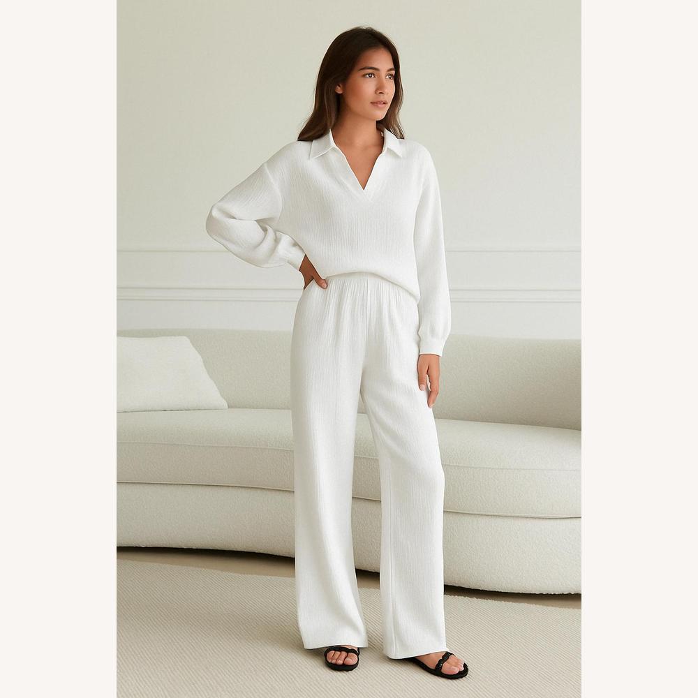 Coordinated Set in Waffle Cotton for Women – Oversized Shirt and Wide-Leg Pants, Loose Fit, Casual Style