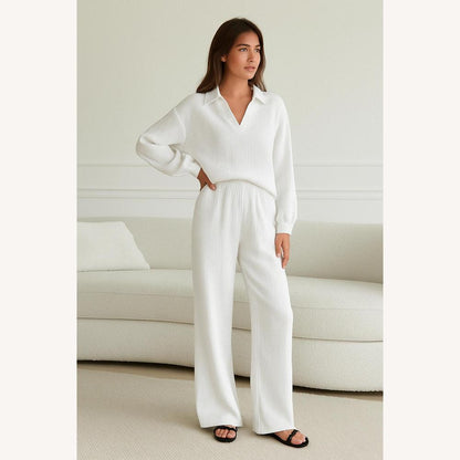 Coordinated Set in Waffle Cotton for Women – Oversized Shirt and Wide-Leg Pants, Loose Fit, Casual Style