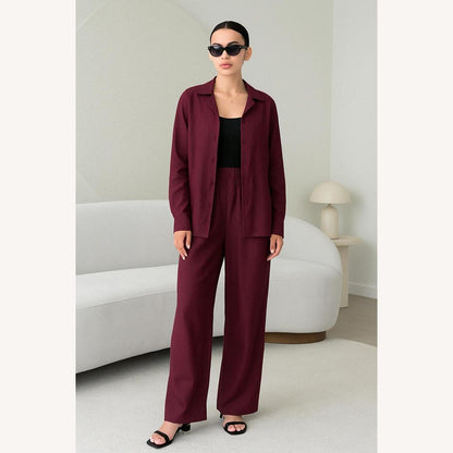 Women's Lightweight Linen Suit Set - Buttoned Shirt and Elastic Pants, Elegant and Comfortable