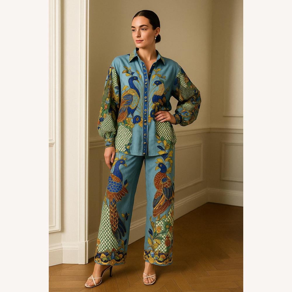 Ensemble Imprimé Paon Femme - Chemise Ample et Pantalon Large, Style Artistique et Tendance