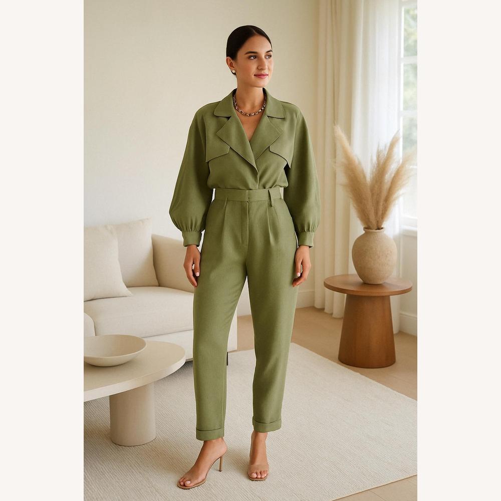 Combi Pantalon Femme Chic en Lin avec Manches Bouffantes et Taille Haute – Élégance pour Soirée