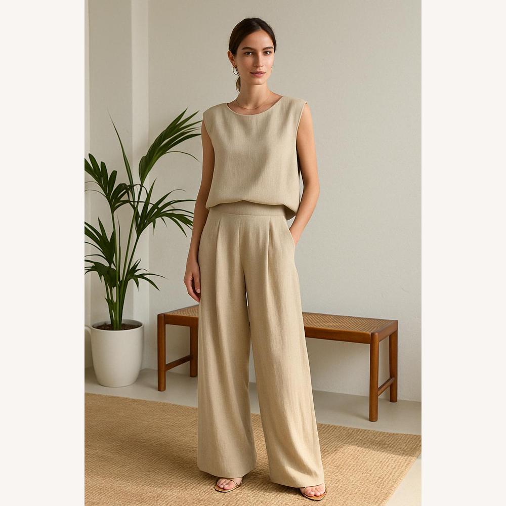 Ensemble Tailleur Femme en Lin – Haut Sans Manches et Pantalon Taille Haute, Chic et Confortable pour Été