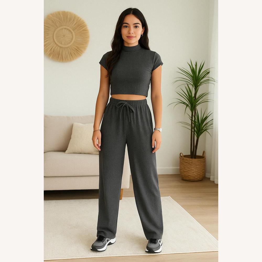 Ensemble Femme Deux-Pièces Confortable avec Crop Top à Col Montant et Pantalon Ample Élastique – Idéal pour Sorties Décontractées