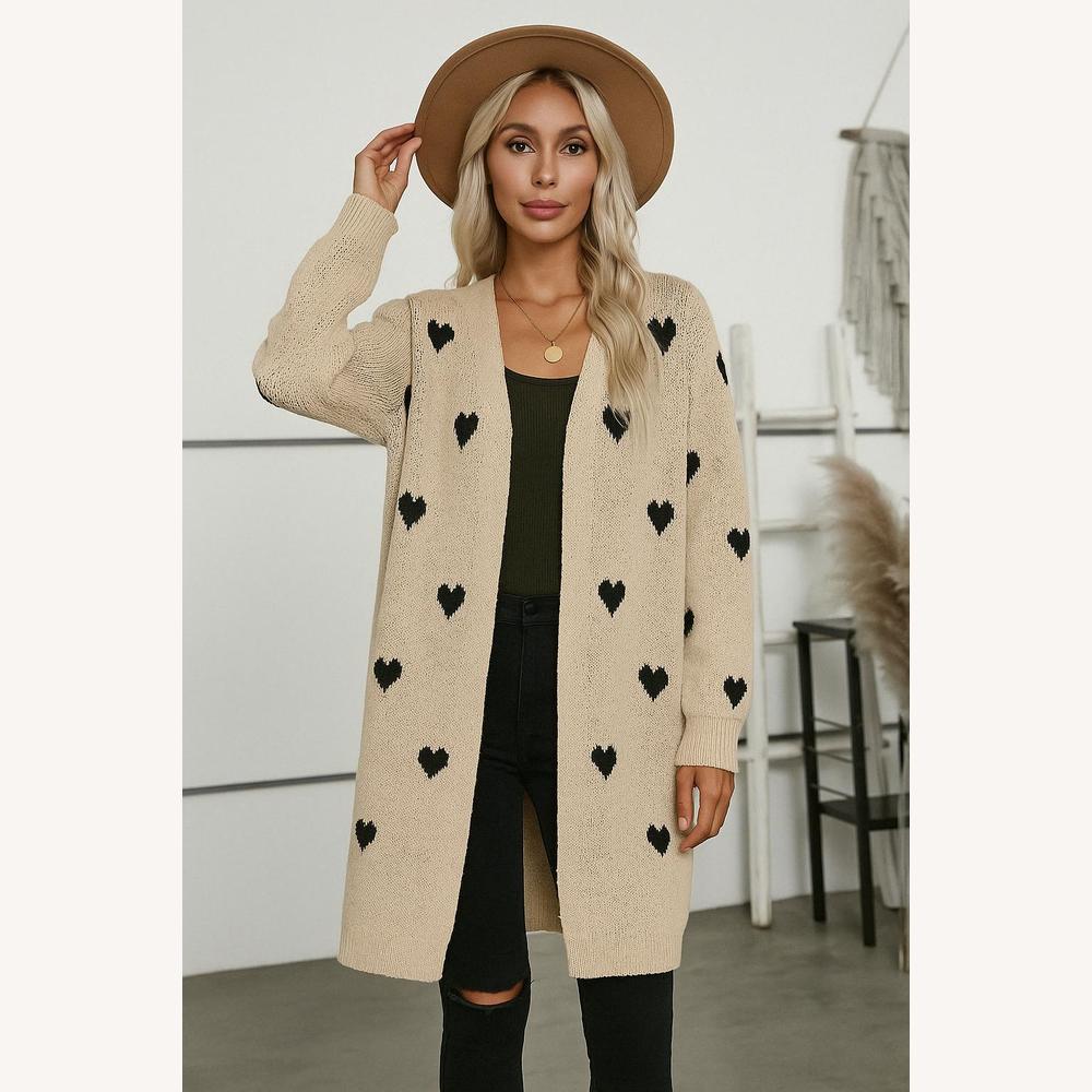 Gilet Long Femme en Maille Douce à Motif Cœurs Noir – Confortable et Décontracté pour l'Automne-Hiver