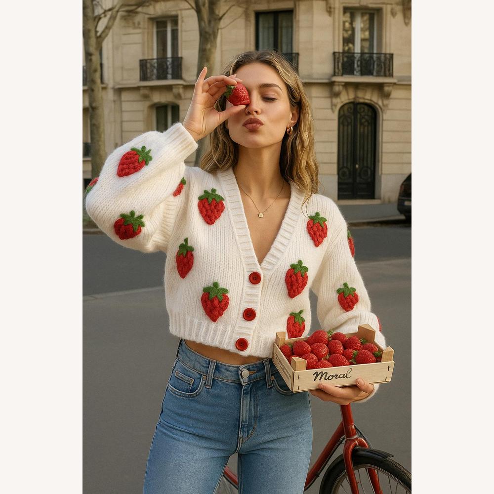 Gilet Oversize Femme Tricoté avec Motif Fraises – Doux et Confortable, Manches Ballon, Parfait pour l'Automne