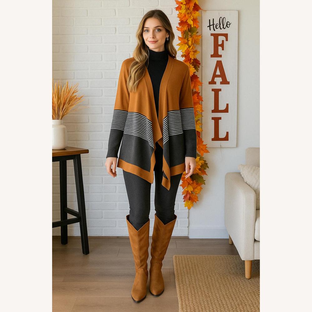 Cardigan Femme Colorblock à Rayures – Ouverture Fluide, Mi-Cuisse, Confortable et Décontracté, Orange et Noir