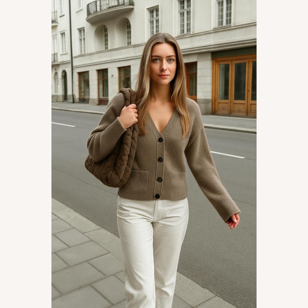 Women's Sleeveless Vest Taupe in Ribbed Knit with V-Neck and Practical Pockets - Elegant and Comfortable