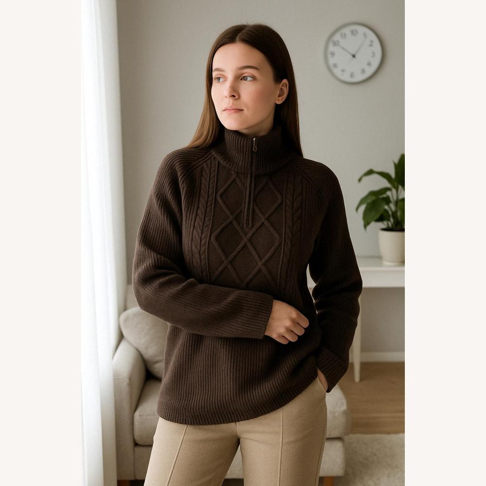 Pull Femme Zippé en Maille Torsadée – Confort et Élégance, Col Montant, Coupe Décontractée, Coton et Acrylique
