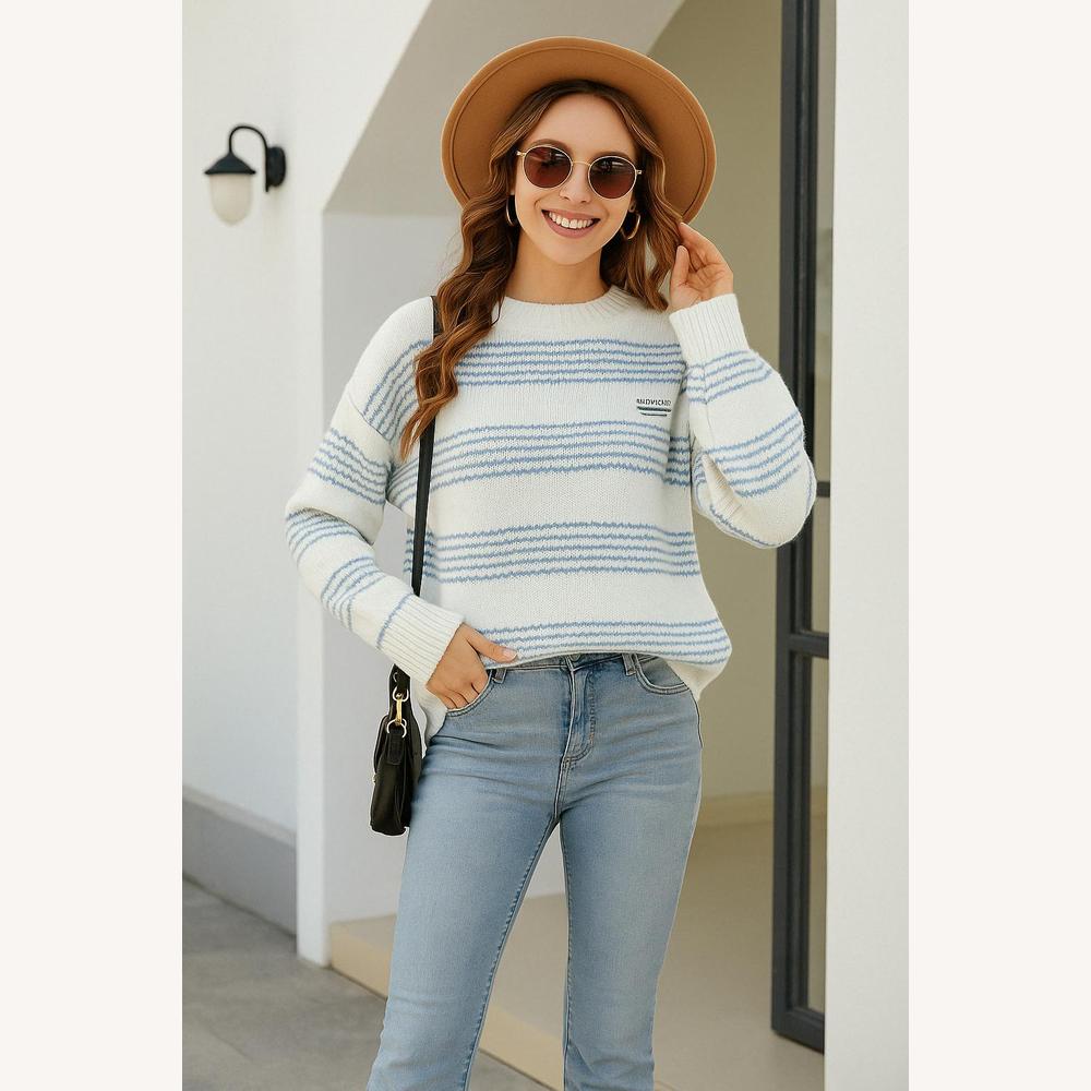 Pull Femme en Maille Rayé Doux – Style Décontracté, Coupe Ample, Mélange Acrylique et Polyester, Idéal pour Saisons Fraîches