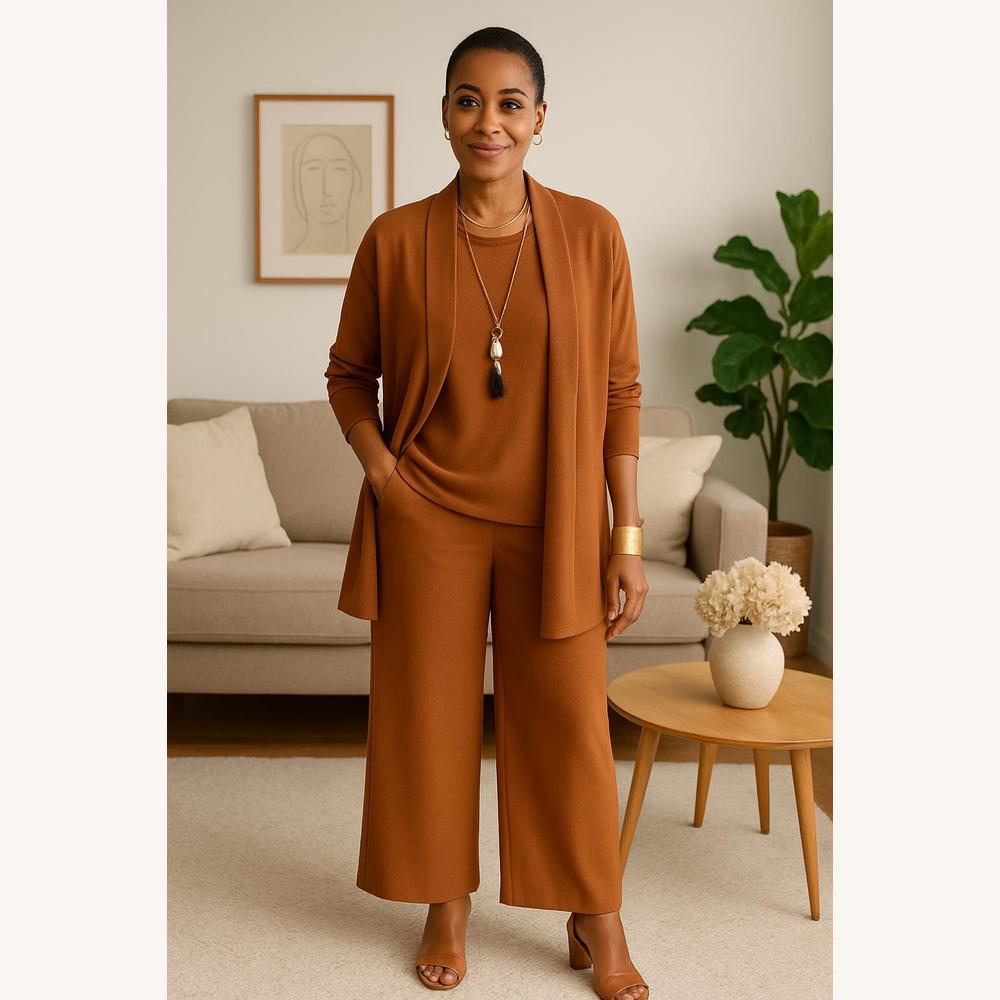 Ensemble Tailleur Femme Trois Pièces en Polyester – Cardigan, Top Chic et Pantalon Large, Confortable et Élégant
