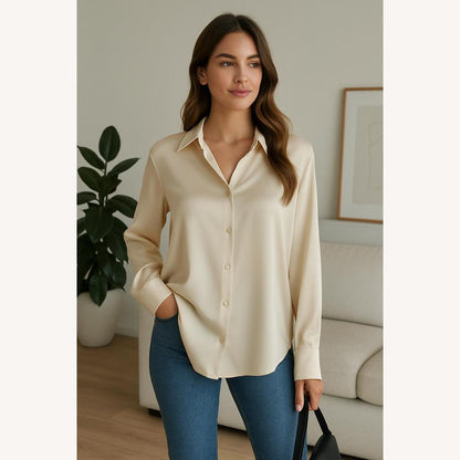 Elegant Women's Blouse in White Silk Satin with Long Sleeves and Classic Collar - Chic Shirt for All Occasions