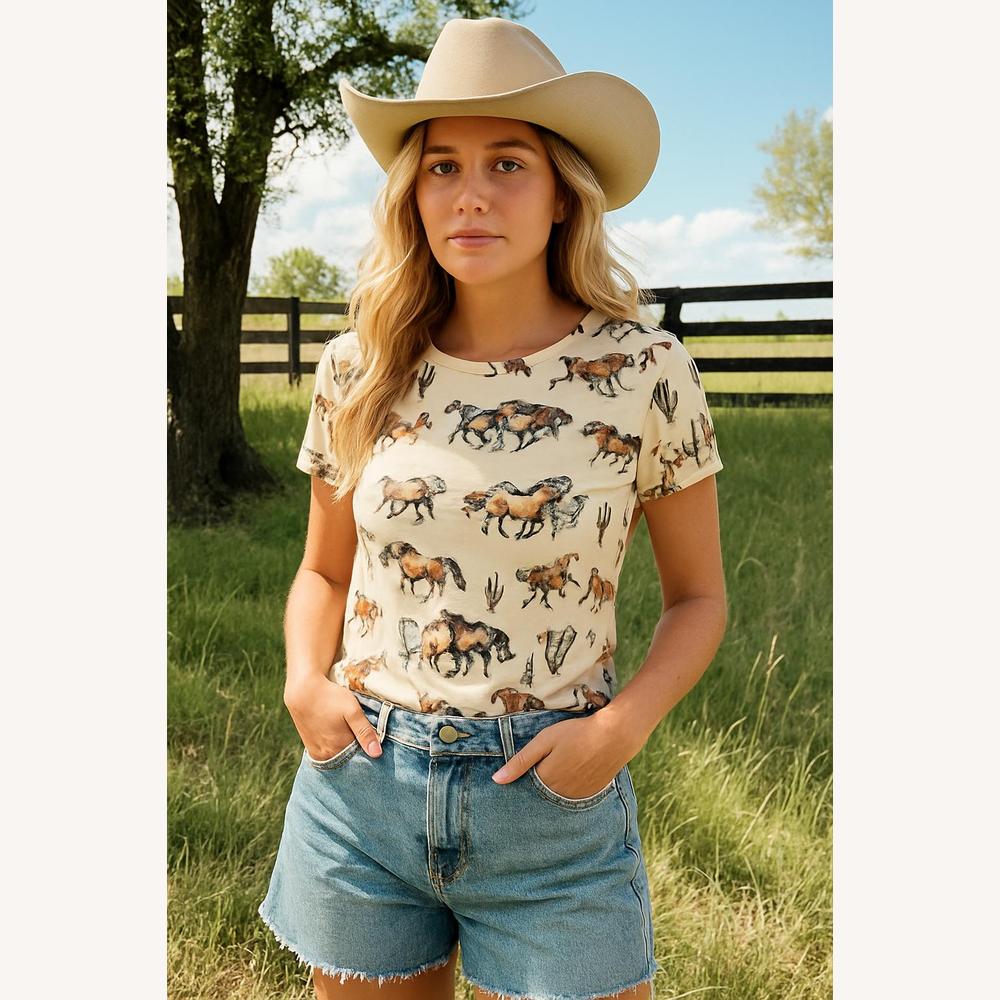 Tee Shirt Femme Beige Imprimé Western avec Chevaux et Cactus – Coton Stretch, Coupe Classique, Manches Courtes