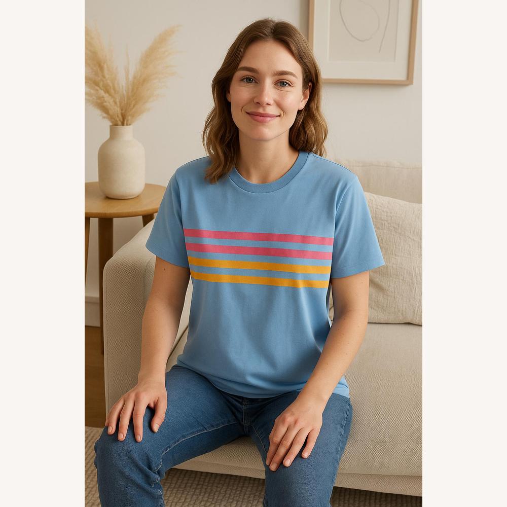 Tee Shirt Femme Rétro en Coton Doux avec Rayures Colorées – Confort Léger pour l'Été