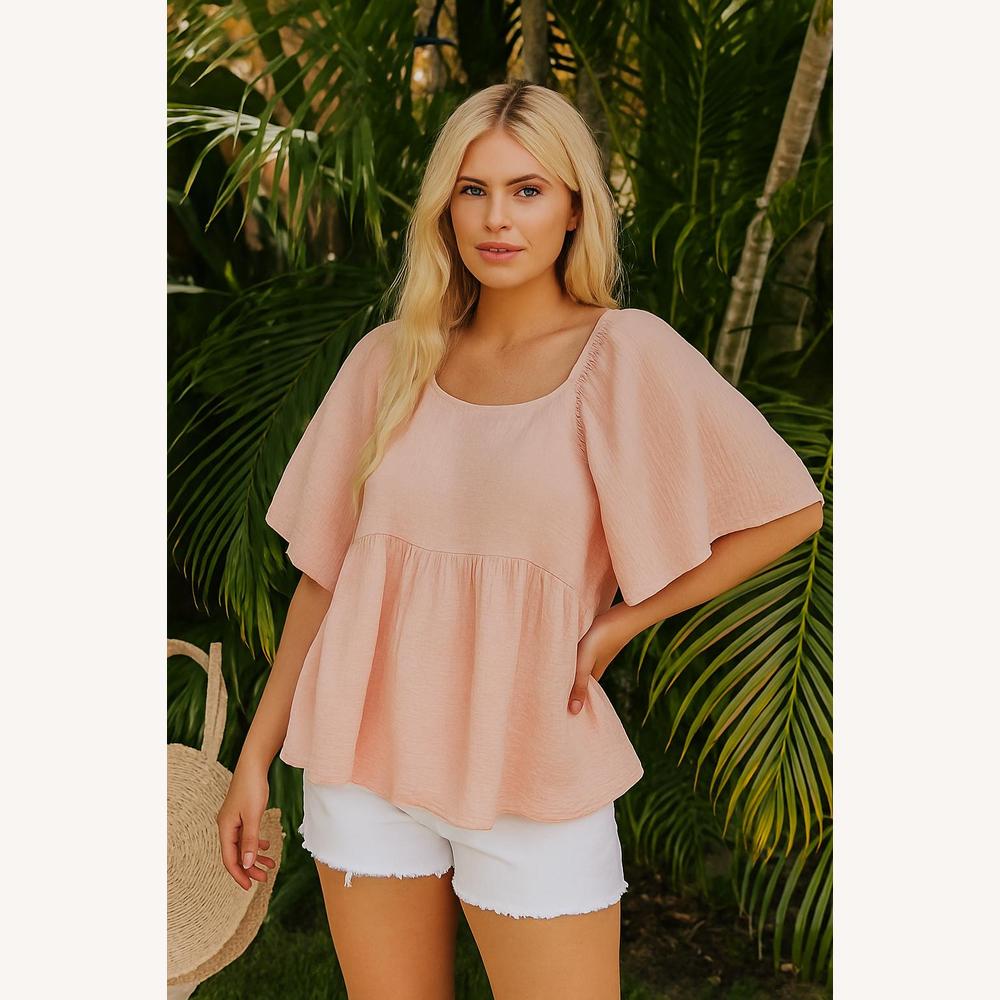 Blouse Femme Oversize en Gaze Rose Abricot – Légère et Flottante, Manches Courtes, 100% Coton