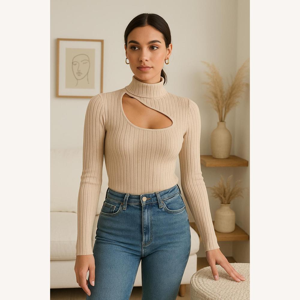 Top Femme Asymétrique Noir Côtelé avec Col Montant – Élégance et Confort, Manches Longues, Matière Stretch