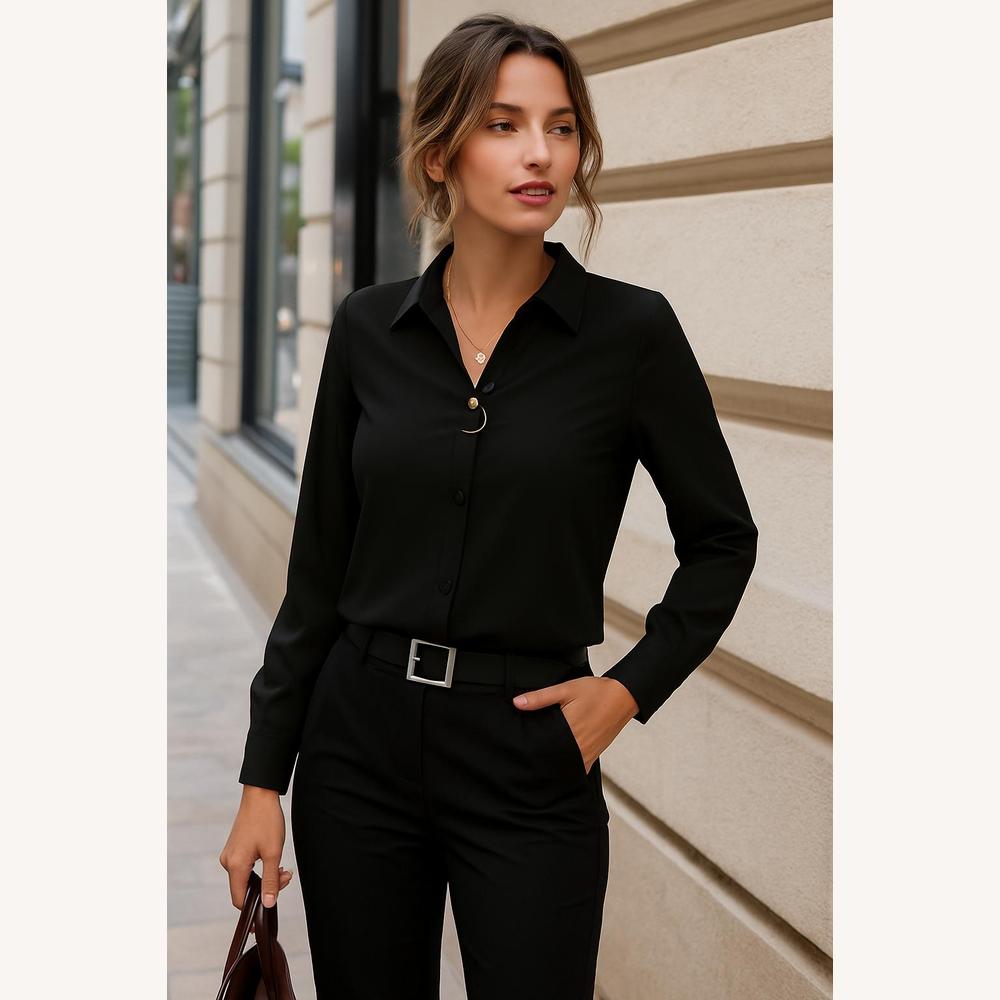 Chemisier Femme Chic à Manches Longues - Élégance Classique en Polyester Ajusté