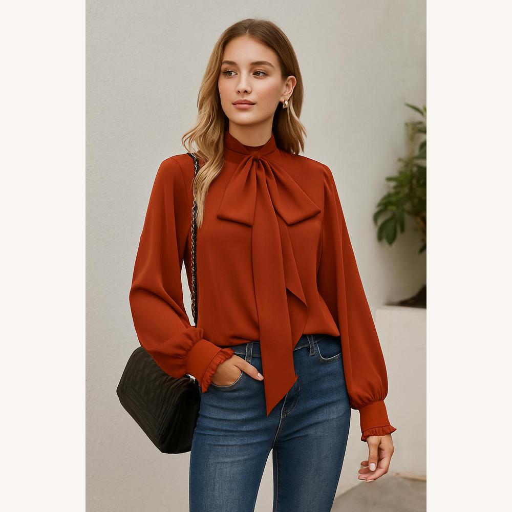 Blouse Femme Chic en Polyester Abricot avec Nœud Lavallière et Manches Bouffantes – Élégante et Polyvalente