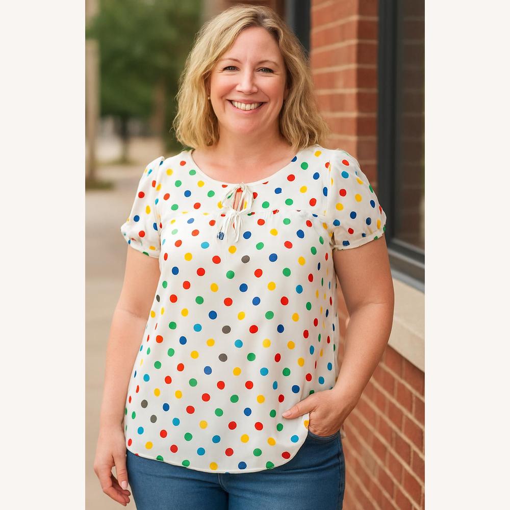 Blouse Femme à Pois Multicolores – Tunique Ample avec Manches Bouffantes et Col à Nouer, Confortable et Tendance