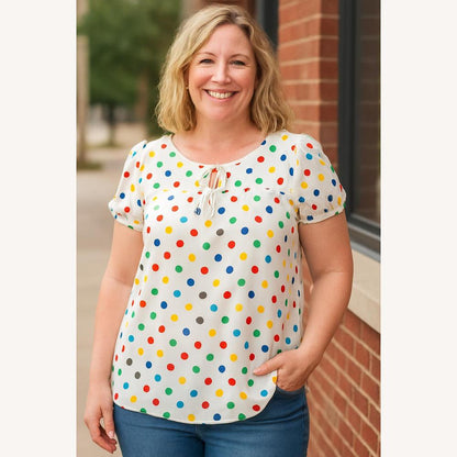 Women's Multicolored Polka Dot Blouse – Loose Tunic with Puff Sleeves and Tie Collar, Comfortable and Trendy