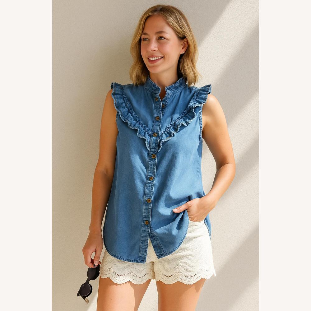 Blouse Femme Sans Manches en Jean Bleu Doux avec Détails Volantés – Style Élégant et Confortable