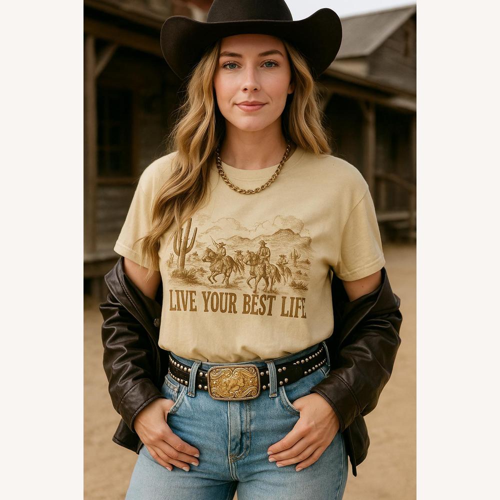 Tee Shirt Femme Beige Graphique Live Your Best Life – Style Western Décontracté en Coton, Col Rond, Tailles S à XL