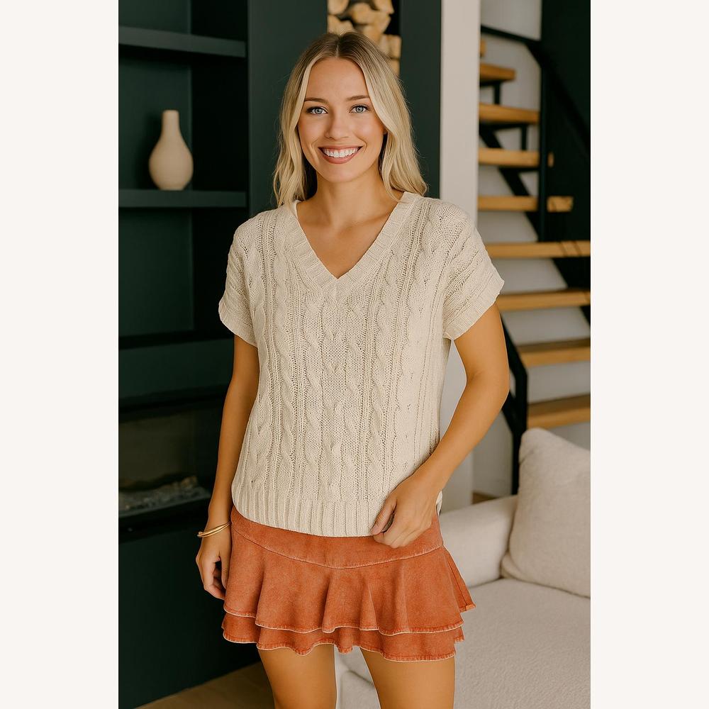 Haut Femme en Maille Ouverte Col V Léger et Ample – Pull Beige Texturé pour la Mi-Saison