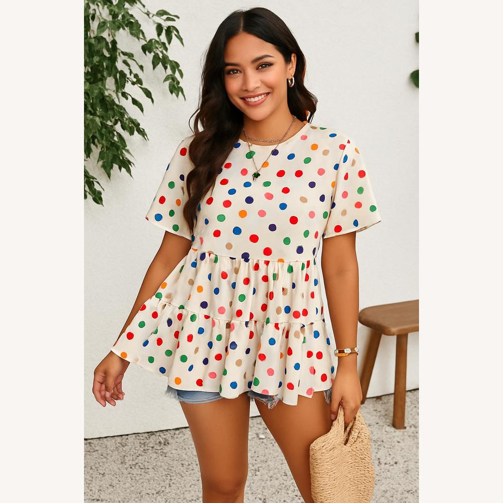 Robe Femme Babydoll Beige à Pois Multicolores – Confort Ample, Manches Volantées, Disponible Tailles Plus