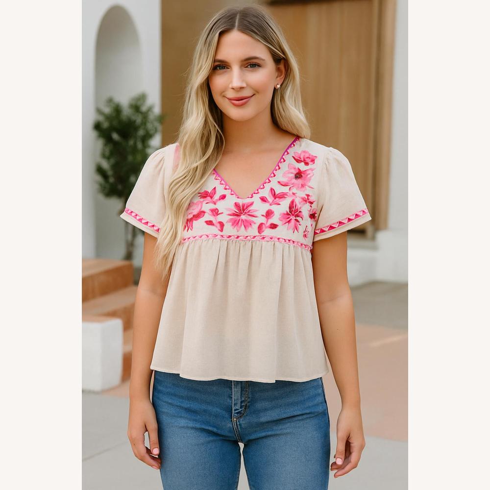 Blouse Femme Beige Légère avec Broderie Florale Rose, Décolleté en V, Tissu Respirant – Idéale pour Journées Ensoleillées